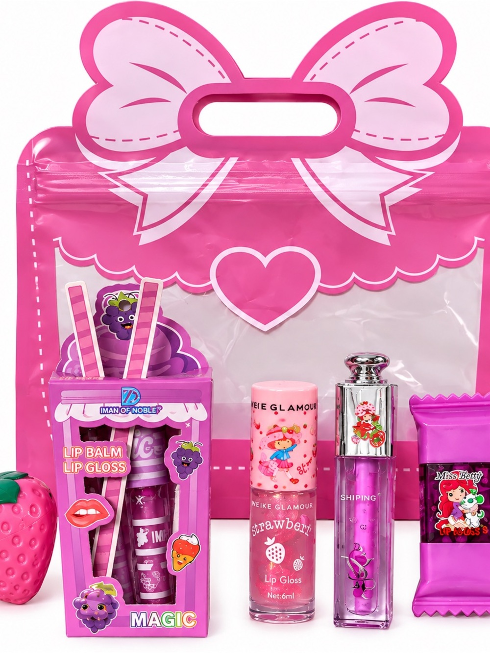 Pink Strawberry Lip Gloss & Balm Set by (Unknown) - Hydrating Pink Shine